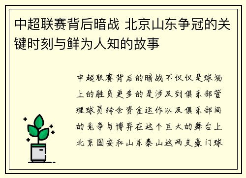 中超联赛背后暗战 北京山东争冠的关键时刻与鲜为人知的故事