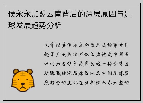 侯永永加盟云南背后的深层原因与足球发展趋势分析